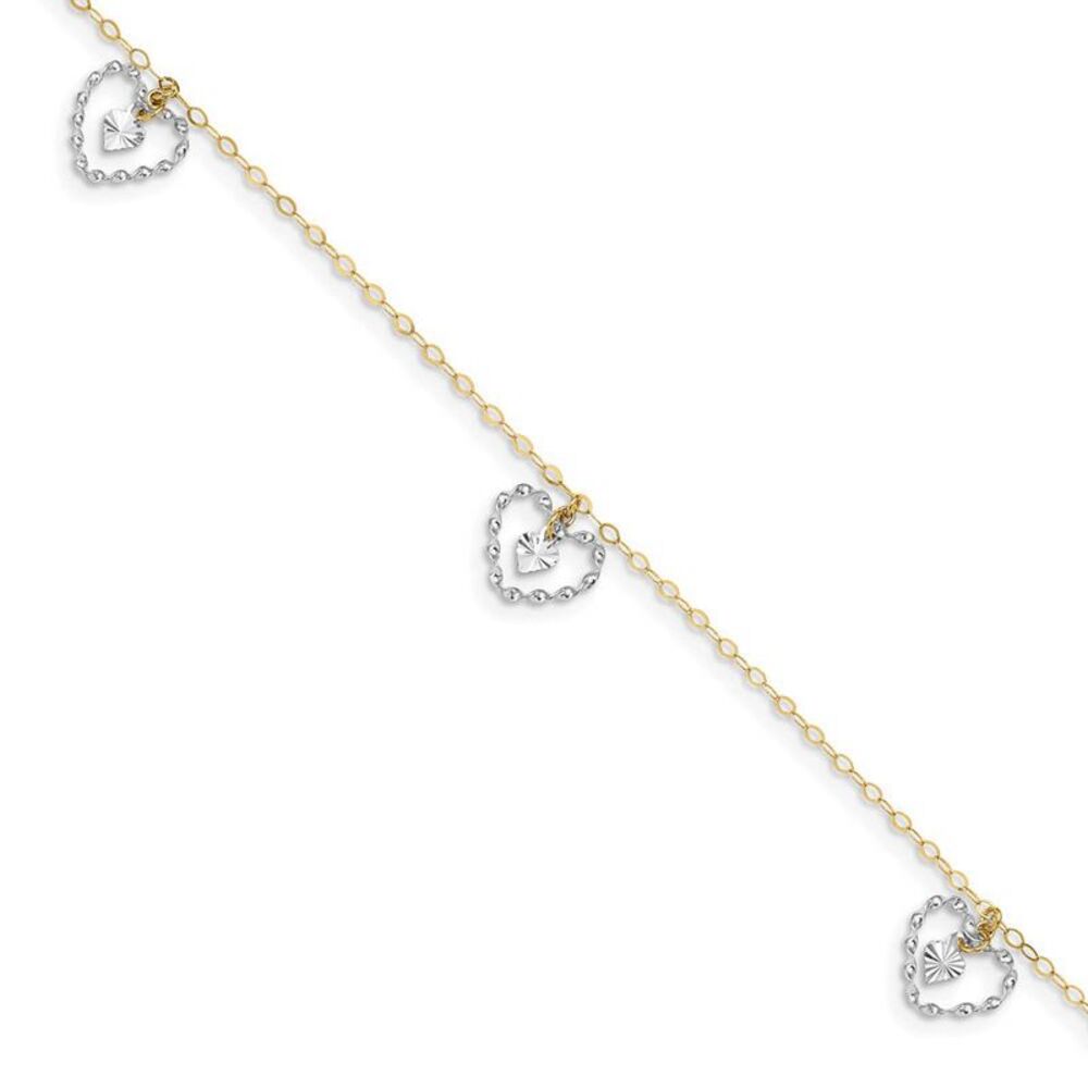14k Two-Tone Gold Dangling Double Heart Adjustable Anklet, 9 Inch